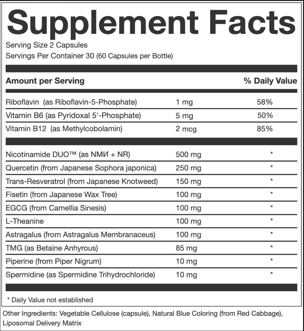 Nicotinamide, Fisetin, Quercetin, Resveratrol, Astragalus 등이 포함 된 이온 안티 에이징 11 복합 보충제입니다.