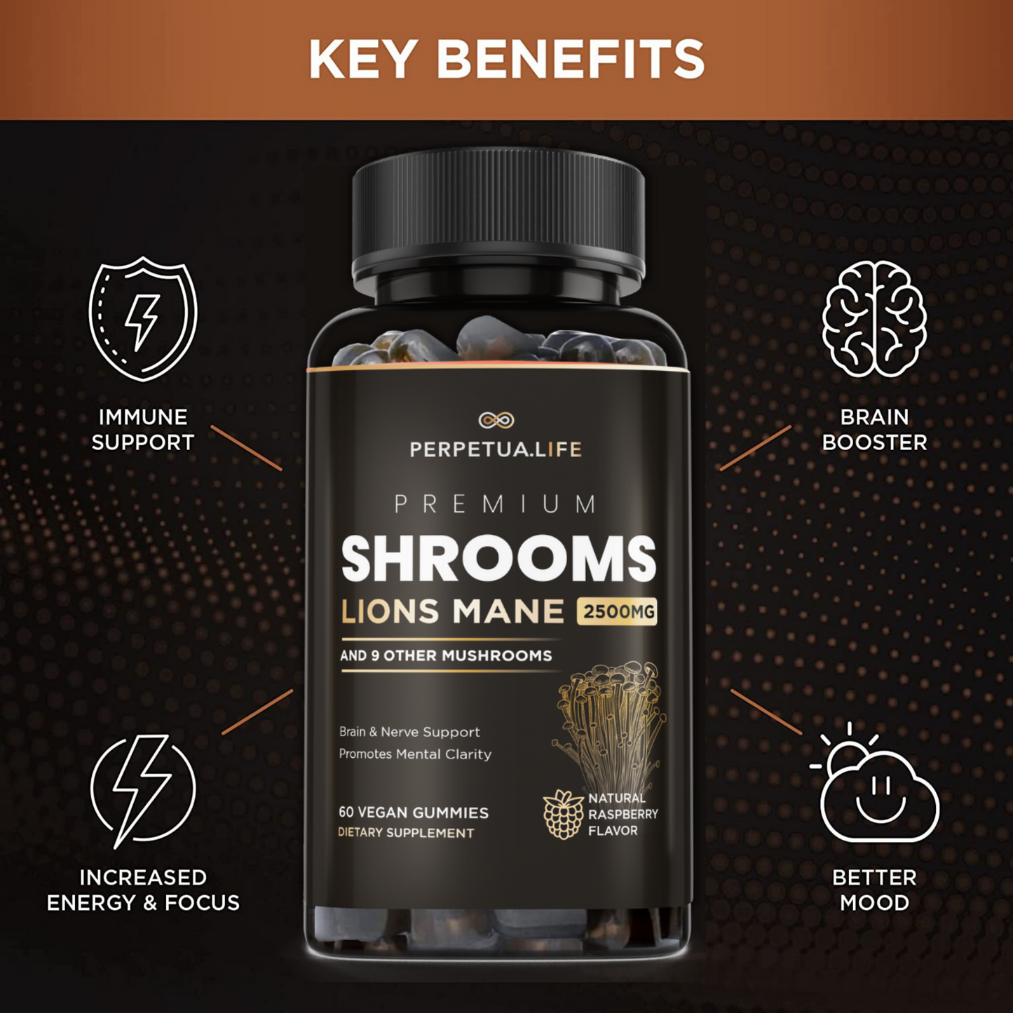 Lion's Mane Gummies - w Turkey Tail and 9 other Premium Mushrooms.